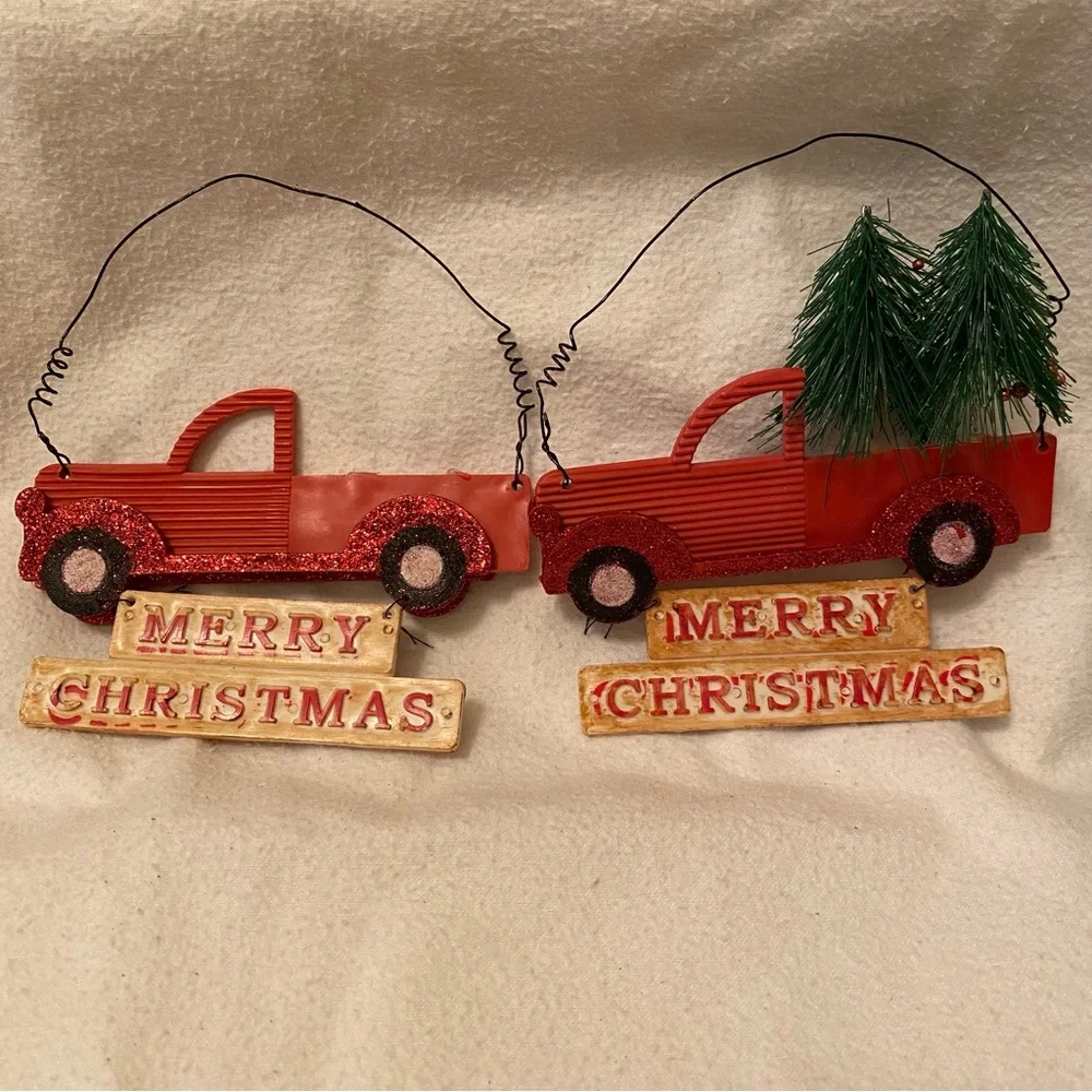 Red Christmas Truck Ornament Set vintage red truck door hanger